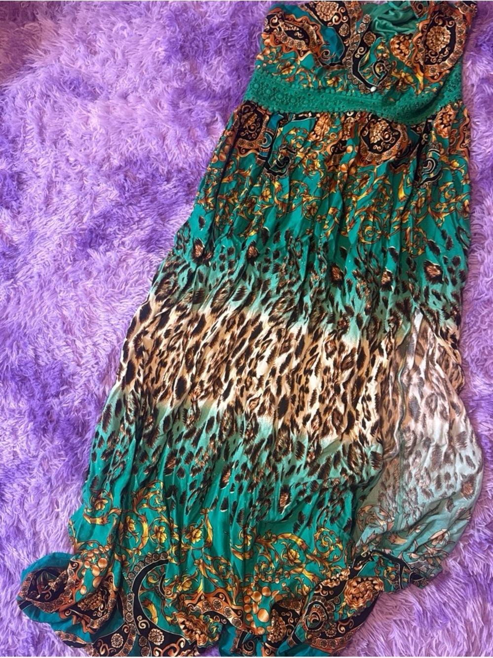 Fashion Nova Green Paisley & Leopard High-Low Maxi Dress - Picture 2 of 3